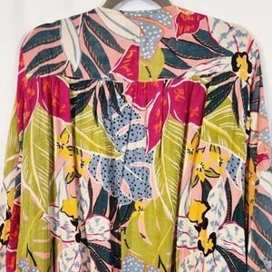 Angie Large Rayon Pink Green Tropical Floral Multicolor Open Front Duster Kimono